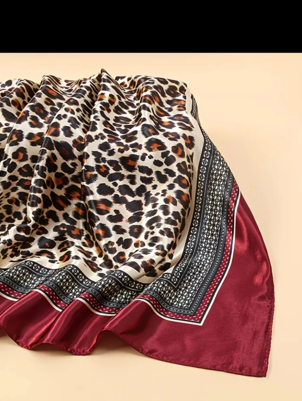Leopard Satin Head Scarf with Deep Red Border